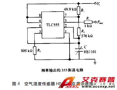 圖4 空氣濕度傳感器HS1101應(yīng)用示意圖